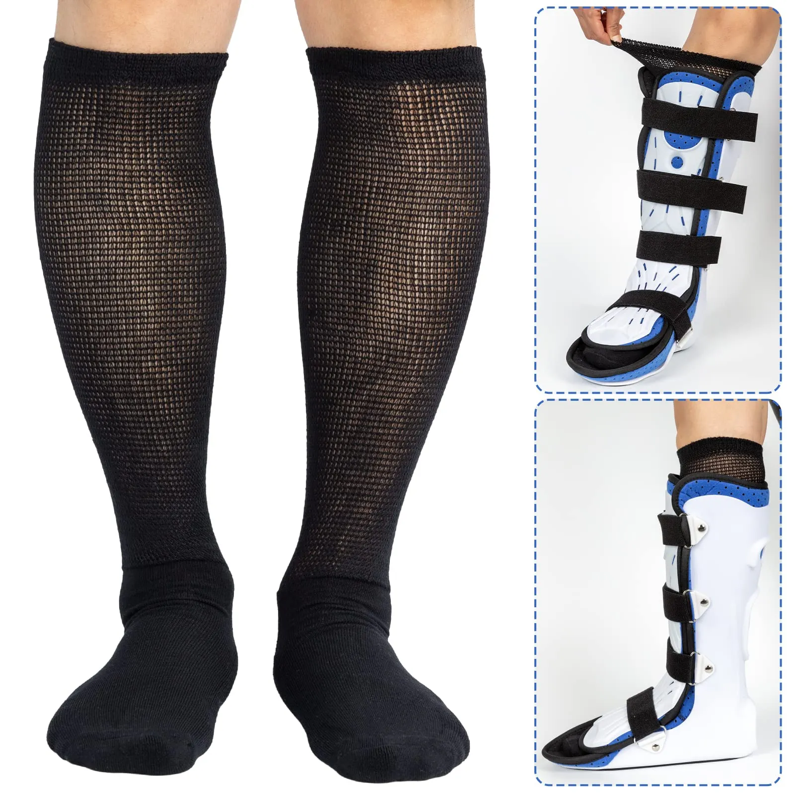 4 Packs High-Top Orthopedics Tube Socks for Fracture Boot Cast Replacement Socks Liner for Air Cam Walkers Boots Surgical Leg Cover 2BLK/2WHI 10-13