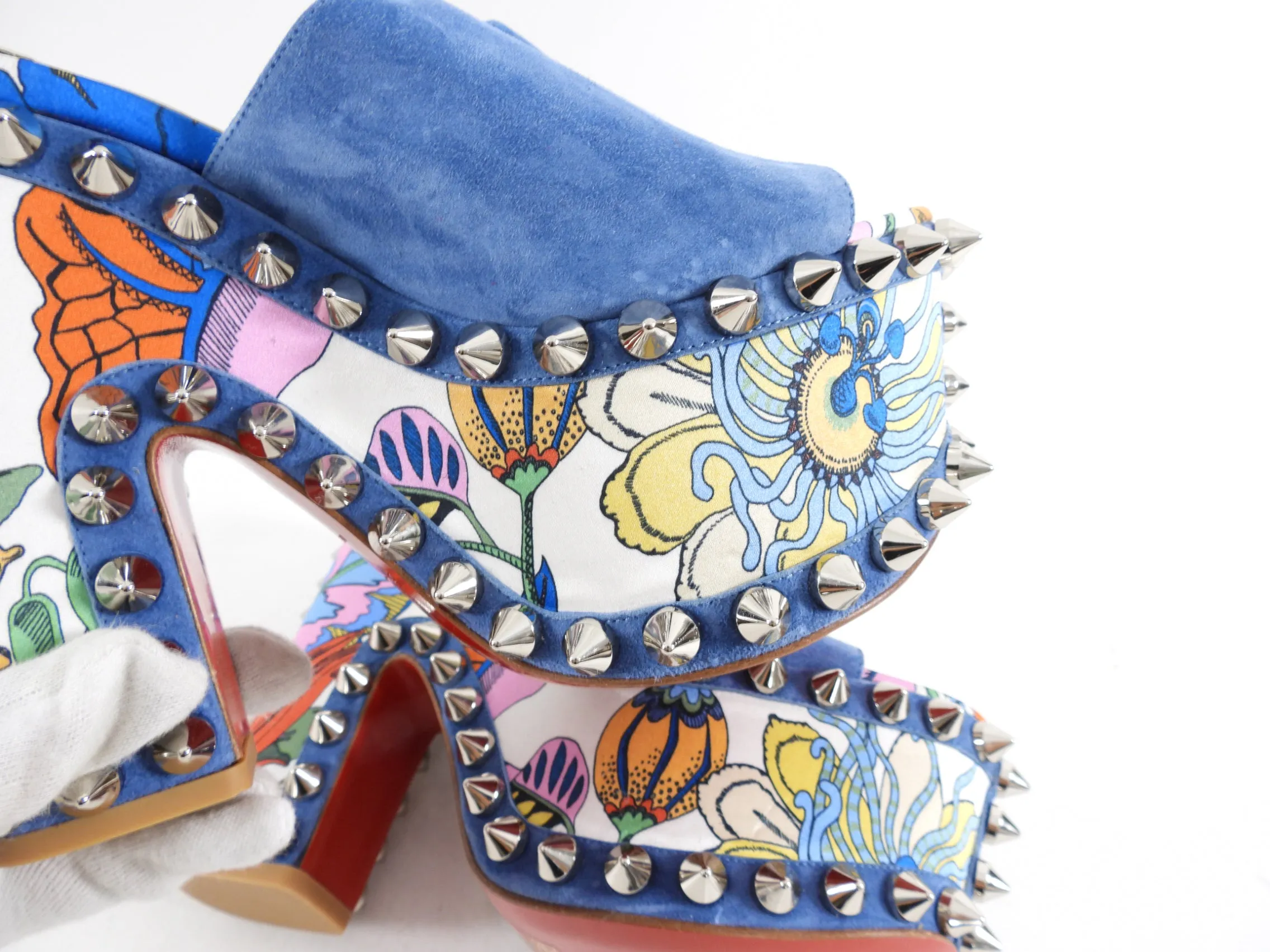 Christian Louboutin Spike Accents Suede Platform Mule Blue - 37