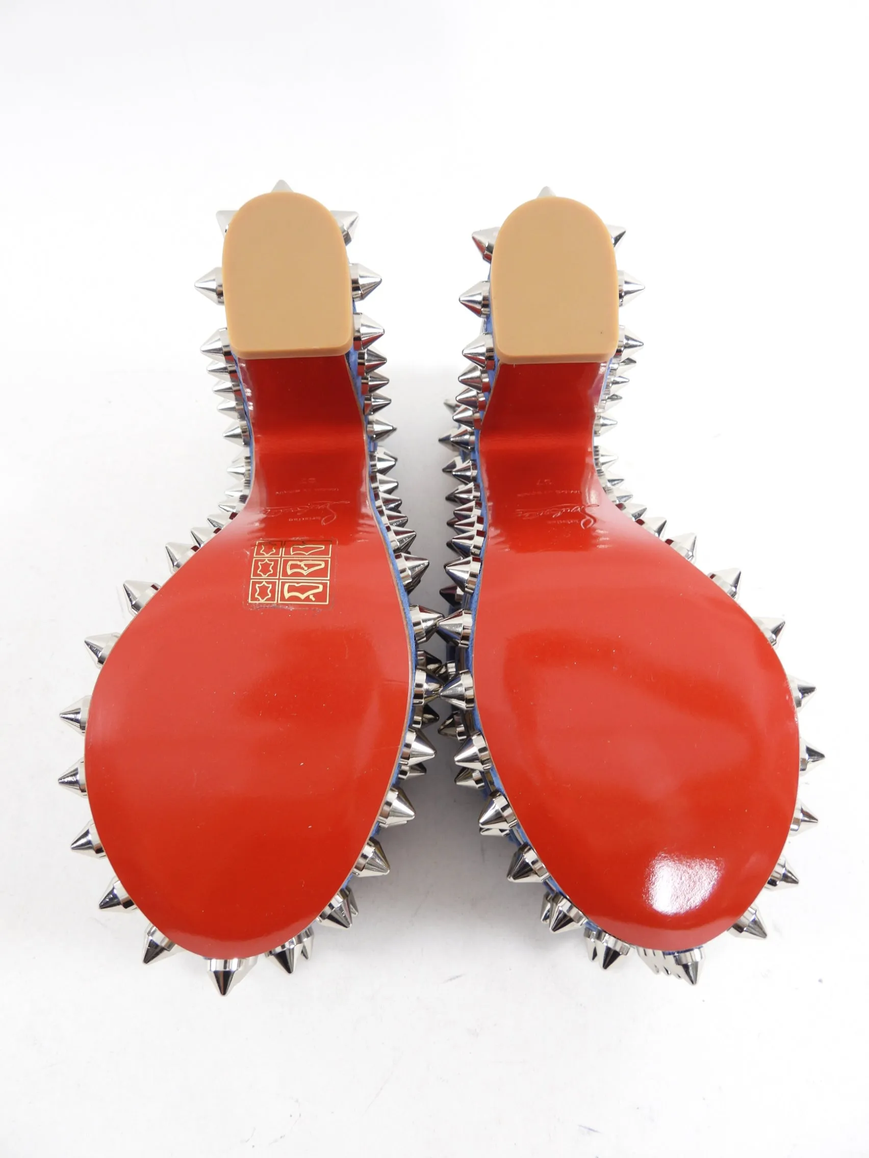 Christian Louboutin Spike Accents Suede Platform Mule Blue - 37