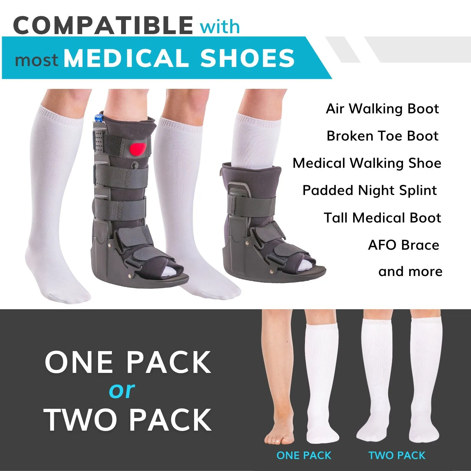Orthopedic Boot Liner Sock | Men and Women’s Tube Cast Socks for Aircast Cam Walkers and Fracture Boots (2-Pack)