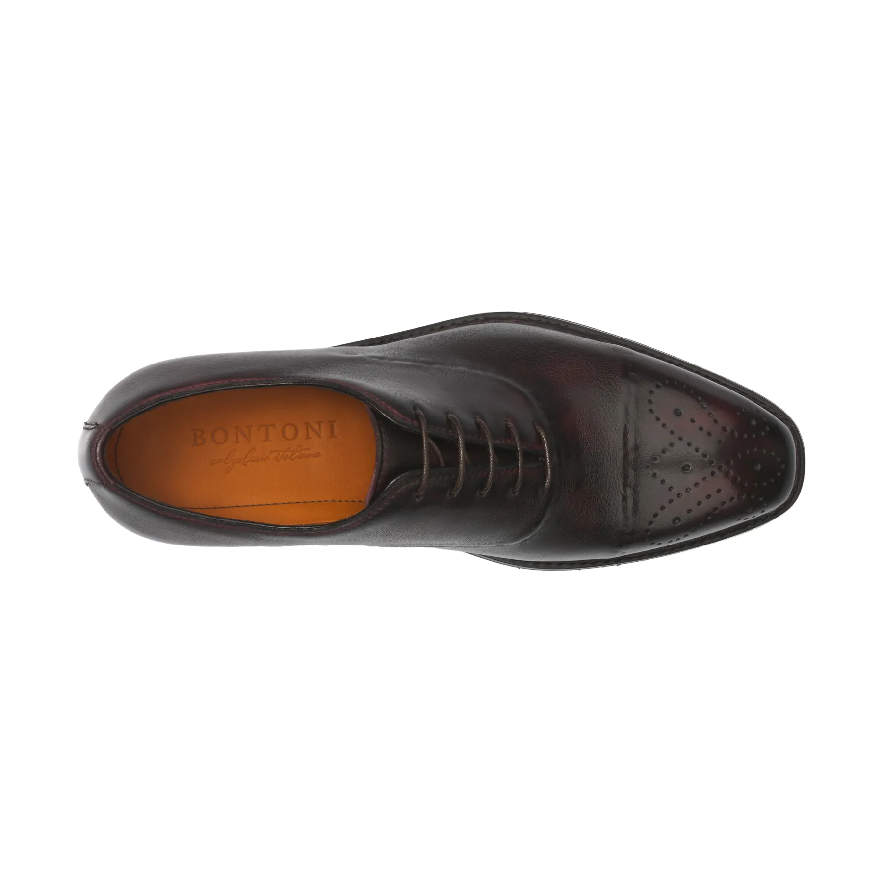«Vittorio» Five-Eyelet Oxford Shoes with Reverse Stitched Details and Perforated Medallion in Wine Red